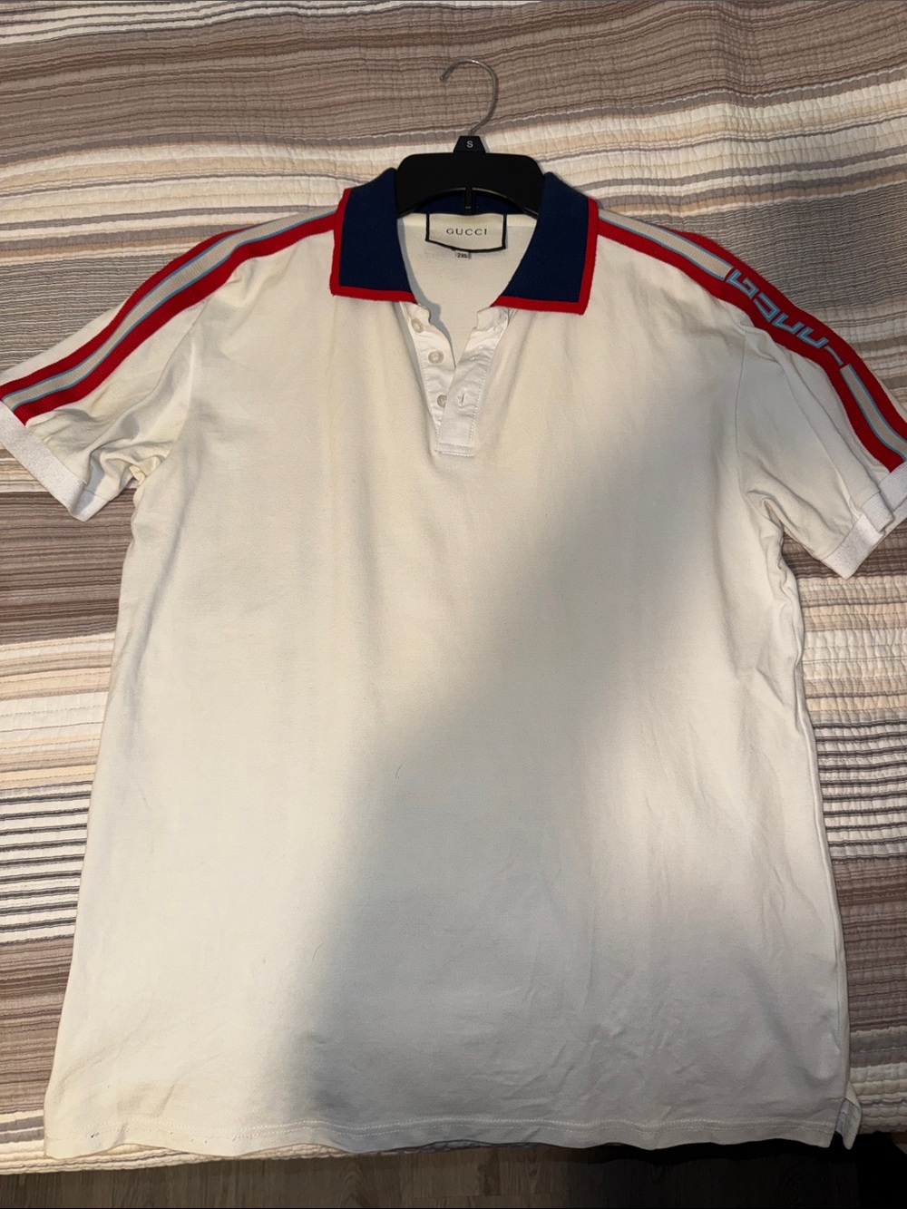 Gucci White Polo with Navy Trim and Red Shoulder Stripes